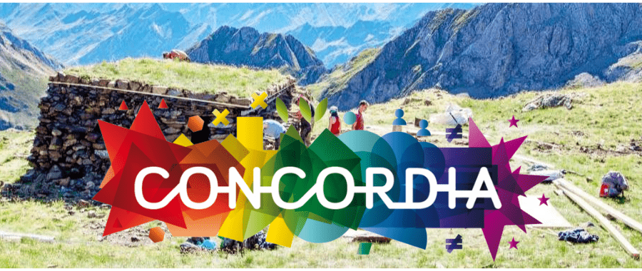 logo de l'association Concordia, en arrière plan une photographie d'un chantier en montagne