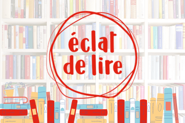 Logo Eclat de Lire avec fond bibliothèque et illustrations de livres