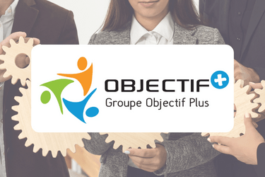 Logo Objectif Plus sur le portail de l'emploi associatif - fond photo équipe et engrenages